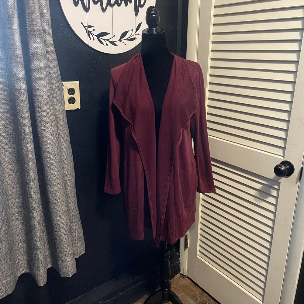 Pure Jill Luxe Tencel Draped Open Front Cardigan Burgundy Size Medium Petite